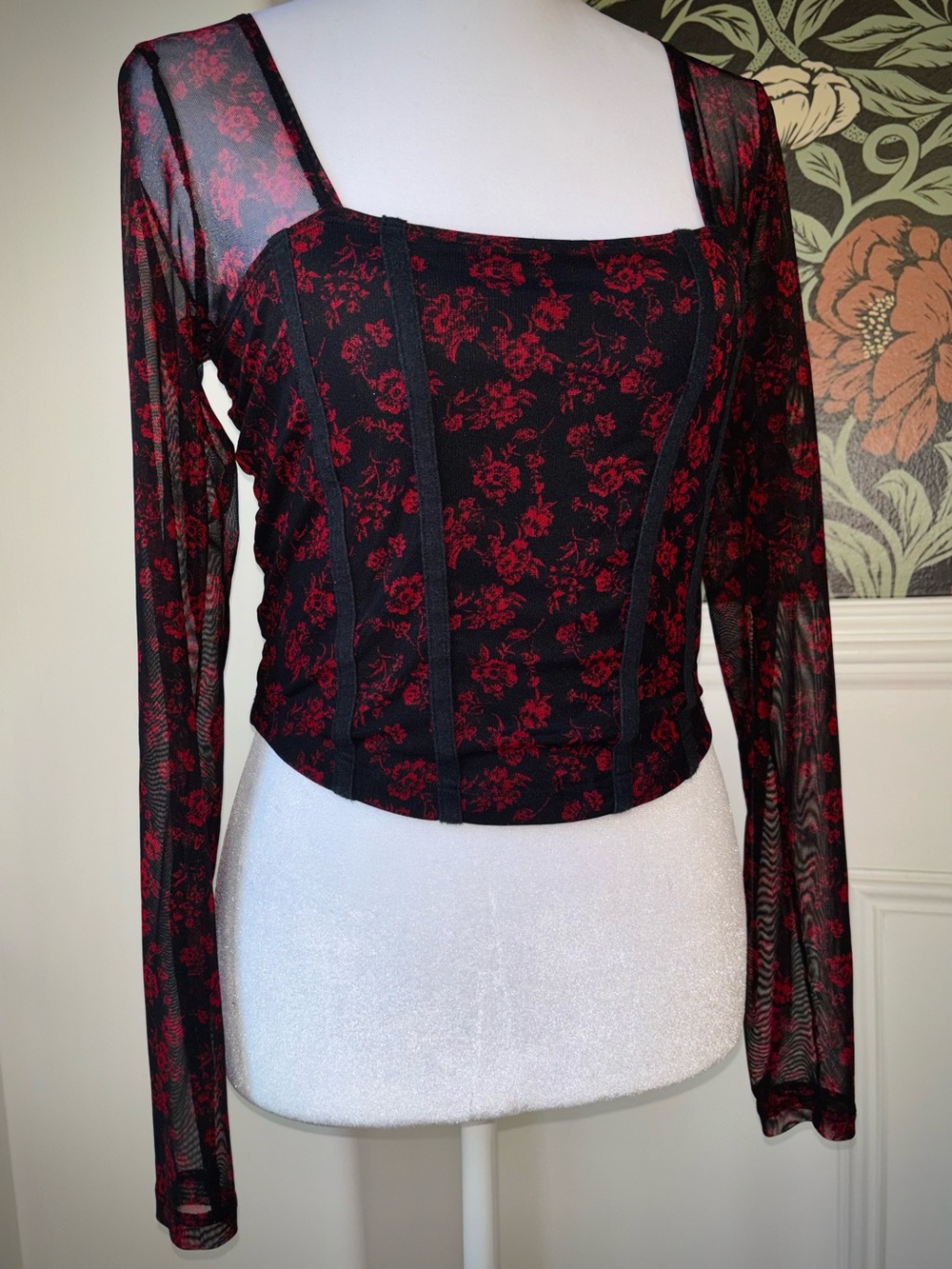 Hollister Mesh Sleeve Floral Corset Crop Top Romantic Whimsigoth - Picture 4 of 10